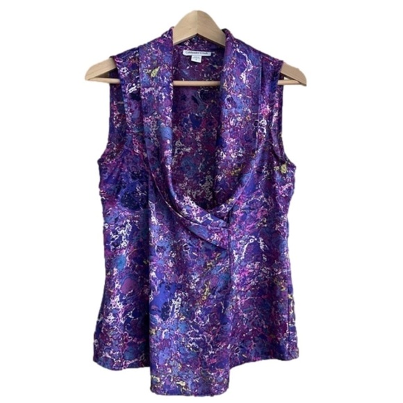 Coldwater Creek colorful faux wrap shawl neck sleeveless fitted blouse size S - Picture 1 of 16